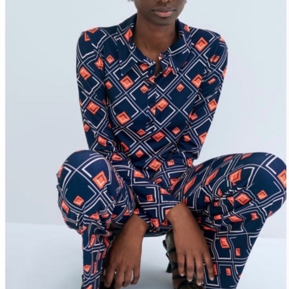 🔹 ZARA NAVY ORANGE GEOMETRIC PRINT HIGH WAIST LEGGINGS! - Picture 12 of 12